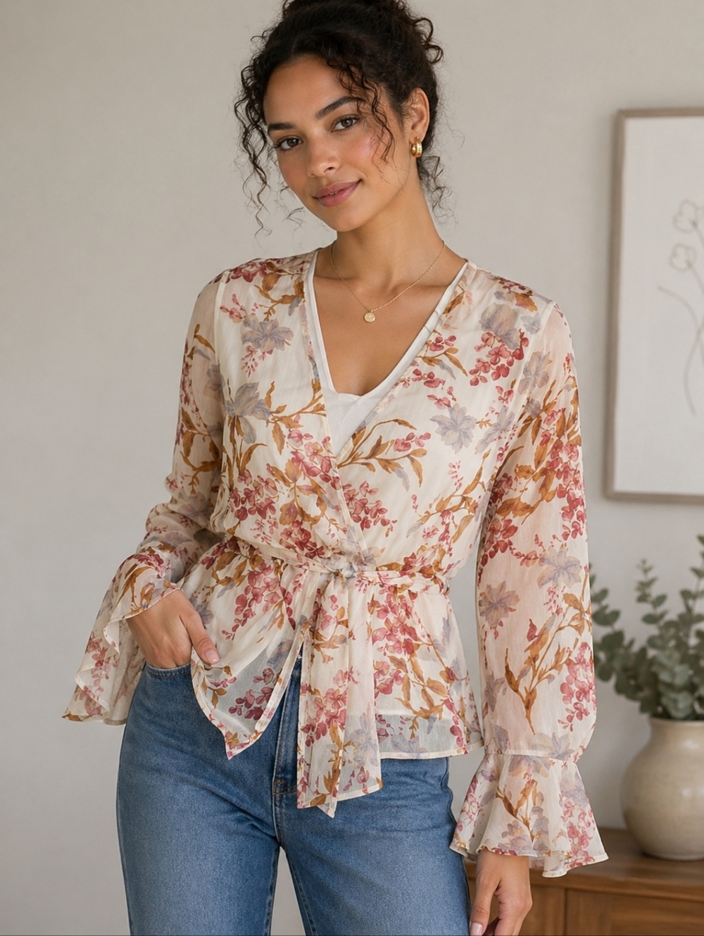 Vince Camuto Spring Flutter Cuff Fairycore Peplum Whimsical Floral Blouse Size L